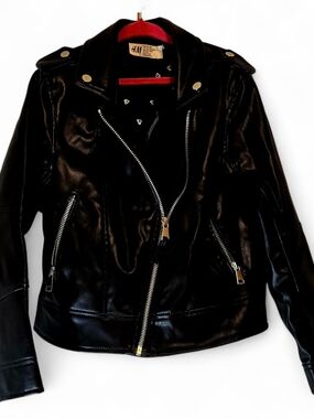 H&M Black Faux Leather Biker Jacket with Silver Hardware